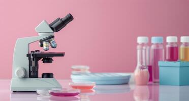 Laboratory Microscope With Colorful Glassware on Pink Background photo
