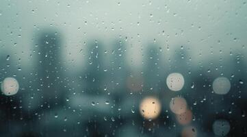 Rainy Day View With Urban Skyline and Blurred Lights in the Background photo