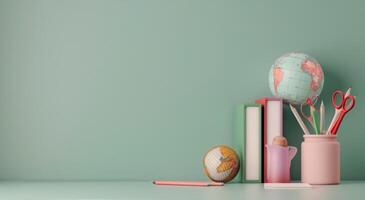 Colorful Classroom Supplies and Globe on a Turquoise Desk photo
