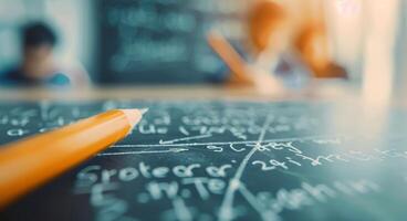 School Classroom Setting With Focus on Writing on Chalkboard photo