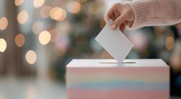 Voter Casting Ballot in Busy Urban Area During Evening Election Hours photo