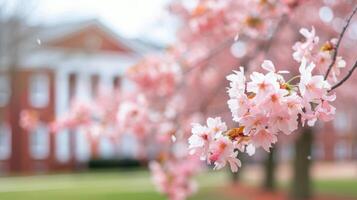 Blooming Pink Flowers in Front of a Historic Mansion at Sunset photo