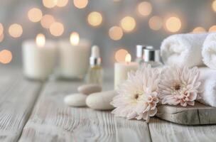 Spa Essentials With Candles and Stones on Wooden Surface in Cozy Setting photo