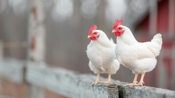 Two White Chickens Standing on a Wooden Rail in a Green Field photo