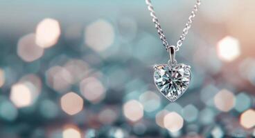 Heart-Shaped Diamond Pendant Hanging Against a Blurred Red Background photo