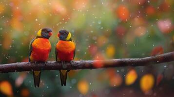 Colorful Birds Perched on Branch During Autumn photo
