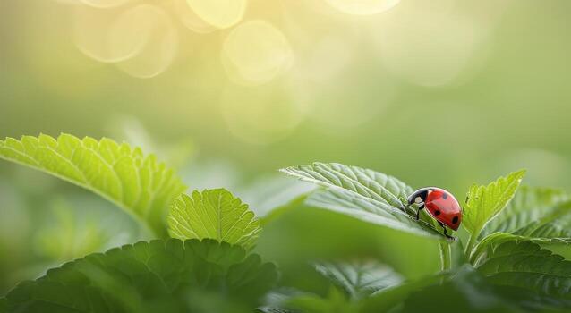 Ladybug Resting on Green Leaf in a Sunlit Garden photo