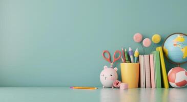 Colorful Classroom Supplies and Globe on a Turquoise Desk photo