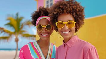 Friends Smiling in Colorful Outfits at Beachside Location on a Sunny Day photo