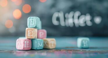 Colorful Wooden Blocks Stacked on a Table With Chalkboard Background photo