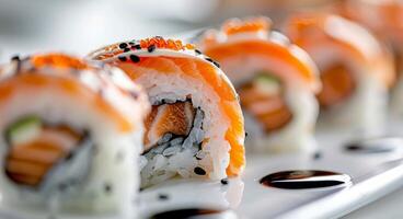 Fresh Salmon Sushi Rolls With Sesame Seeds on a White Plate photo