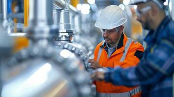 Engineers Discussing Equipment Operations in Industrial Facility photo