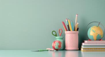 Colorful Classroom Supplies and Globe on a Turquoise Desk photo