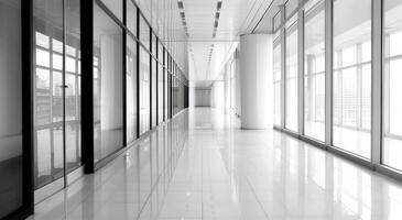 Modern Office Corridor With Floor-to-Ceiling Windows in Bright Natural Light photo