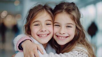 Two Happy Girls Embracing in a Bright Indoor Setting During Daytime photo