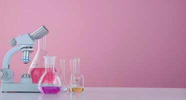 Laboratory Microscopy Setup With Glassware and Pink Background in Modern Science Space photo