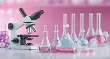 Laboratory Microscope With Colorful Glassware on Pink Background photo