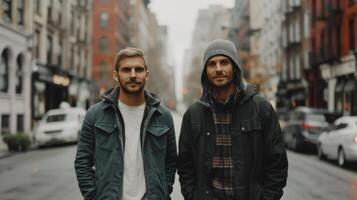 Two Men Standing on Urban Street in Overcast Weather photo