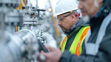 Engineers Discussing Equipment Operations in Industrial Facility photo