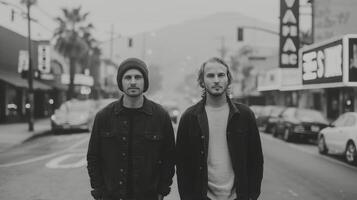 Two Men Standing on Urban Street in Overcast Weather photo