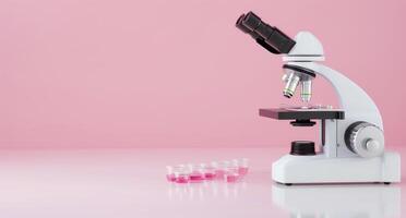 Laboratory Microscope Set Against Pink Floral Background in Science Workspace photo