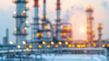 Sunset Over Oil Refinery With Flaring Towers and Industrial Structures photo