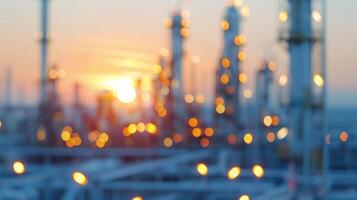 Sunset Over Oil Refinery With Flaring Towers and Industrial Structures photo