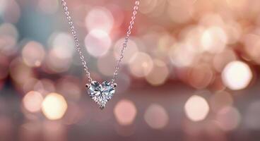 Heart-Shaped Diamond Necklace Glimmering Against Bokeh Background photo