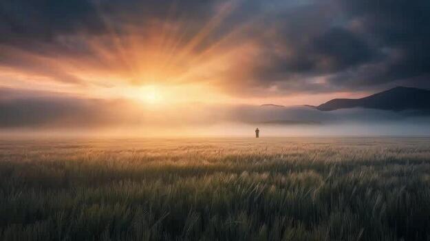 Sunrise Over Rolling Hills With Rays Illuminating Golden Fields photo