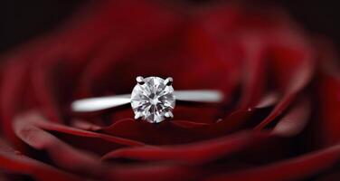Elegant Diamond Ring Resting on Red Rose Petals in Soft Light photo