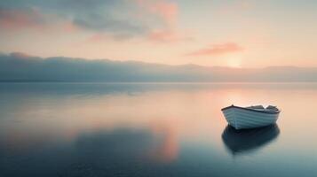 Solitary Boat Floating on Calm Water at Sunrise in Tranquil Landscape photo