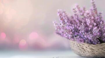 Lavender Flowers in Woven Basket With Soft Background Lights photo
