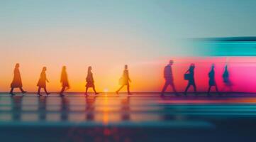 Silhouetted Figures Walking Towards Sunset at Urban Crosswalk photo