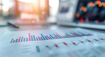 Business Analytics Report With Graphs on Table During Sunset in Modern Office photo