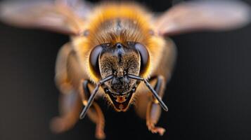 Close-Up View of a Bumblebee Captured Against a Dark Background photo