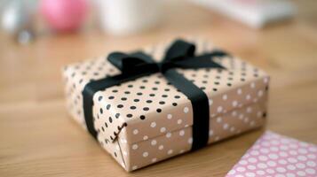 Decoratively Wrapped Gift Box With Black Ribbon on Wooden Table photo