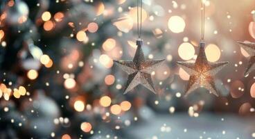 Silver Star Ornaments Hanging on a Festive Background With Snow and Twinkling Lights photo