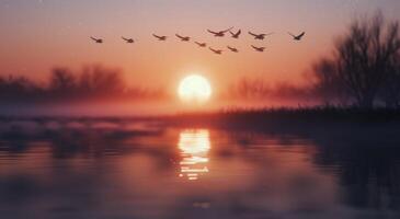 Sunset Over Mountains With Migrating Birds Flying Across Calm Waters photo
