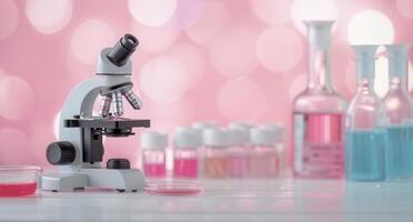 Laboratory Microscope With Colorful Glassware on Pink Background photo