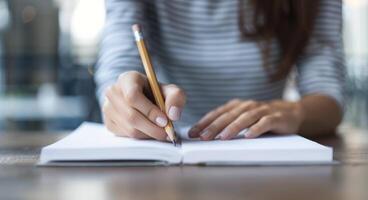 Person Writing Notes in a Spiral Notebook With Pencil on a Wooden Table photo