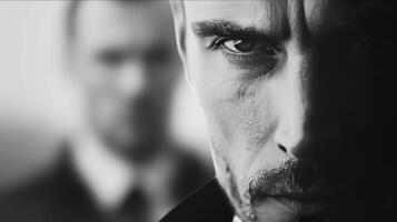 Intense Close-Up of Man in Suit Illuminated With Dramatic Lighting photo
