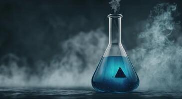 Blue Liquid in Flask With Smoke and Triangle Symbol on Dark Background photo