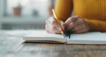 Writing in a Notebook at a Cozy Indoor Setting in Autumn photo