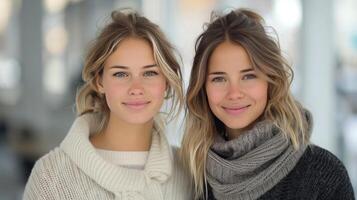 Two Young Women Smiling Together in Cozy Sweaters Indoors on a Bright Day photo