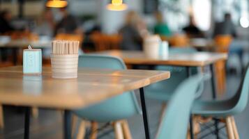 Modern Coffee Shop Interior With Wooden Tables and Warm Lighting photo