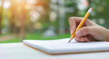 Person Writing Notes in a Spiral Notebook With Pencil on a Wooden Table photo