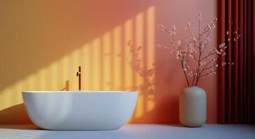 Elegant Bathtub Surrounded by Natural Elements During Sunset in Modern Bathroom photo
