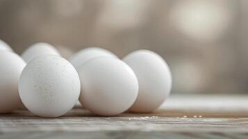 Fresh White Eggs Arranged on Wooden Surface in Natural Light photo