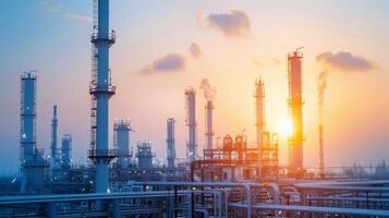 Sunset Over Oil Refinery With Flaring Towers and Industrial Structures photo