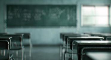 Classroom With Empty Desks During Morning Light in Educational Setting photo